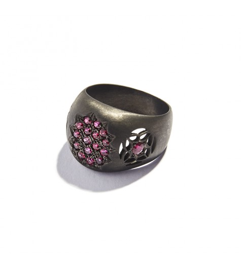 Anello Chevalier in Argento Nero & PavÃ© di Rubini