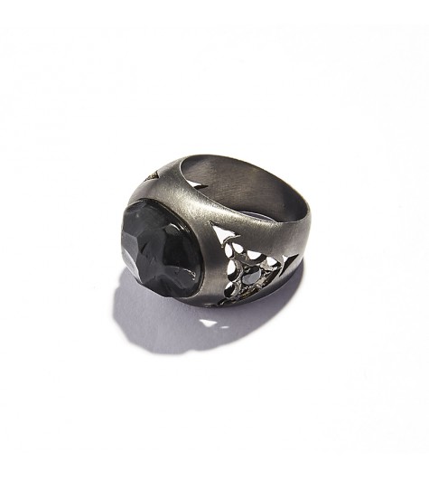 Black Obsidian Cabochon & Black Diamonds Chevalier Ring