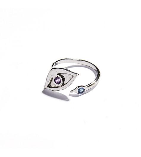 White Gold & Aquamarine and Pink Tourmaline Eye Ring